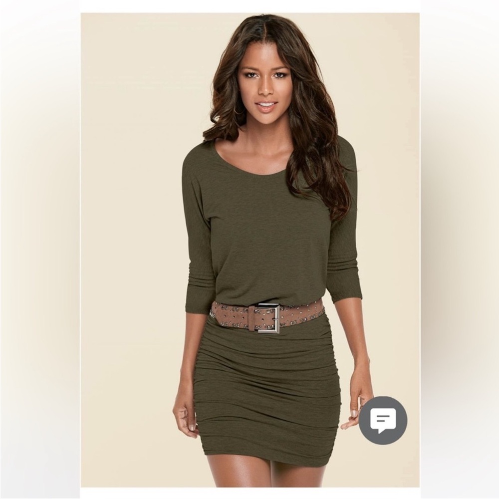 Venus Olive Green Dolman Top Ruched Waist Mini Dress – Size S